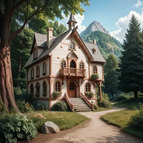high image quality,( Photorealistic 8k RAW Photos ), nature、valley , tree Many Houses Built on Steep Slopes 々 , ( not human), high res , Realism, ( masterpiece), ( top quality ), very well detailed, high res , sharp,tree、 Scenery Luxury House