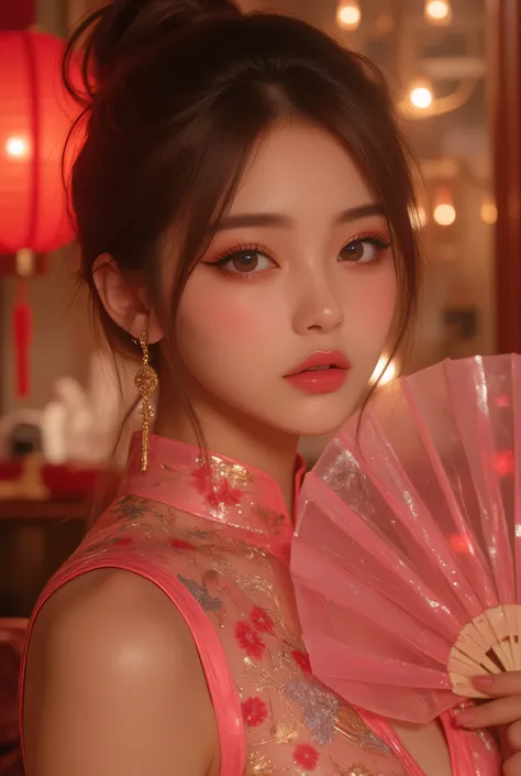 Cat ears、 face up, attractive, pretty girl, ponytail、 (( fine facial features , eroticism)), dramatic lighting , realistic , 8k, Dramatic Shadows , intricate and elaborate patterns , super detailed photo , chiaroscuro lighting , Pleasant colors , deep cont...