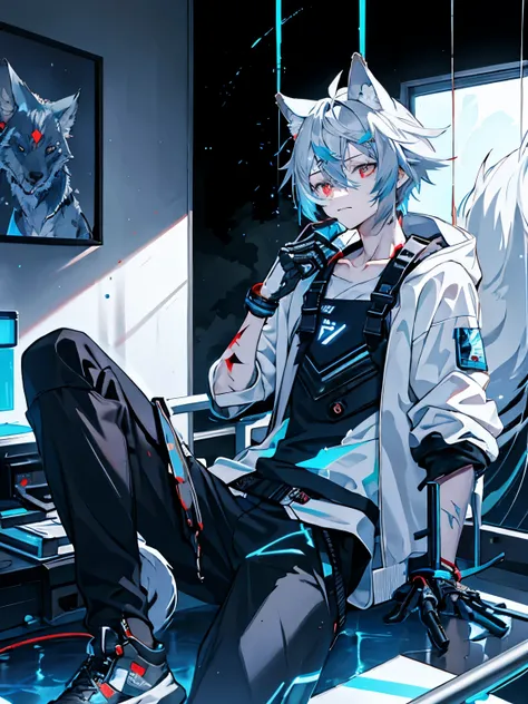 A silver-haired wolf hybrid boy (19 years old) with glowing cybernetic left eye displaying fragmented data streams, animal ears twitching nervously, wearing torn black restraint suit revealing cross-shaped surgical scars on collarbone. Half-mechanical tail...