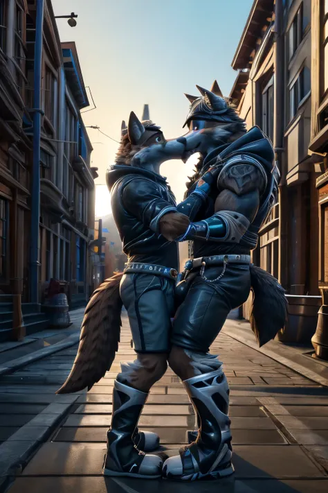 score_9, score_8_up, score_7_up, best quality, highres, 2boys, male, anthro, Wendell, Wolf, Brown Fur, Hat, Right-Ear-Piercing, Shoulder-Gear, Black Jacket, Fingerless Gloves, Footwear, upper body, kiss, shaking, twitching, detailed background, closeup, pe...