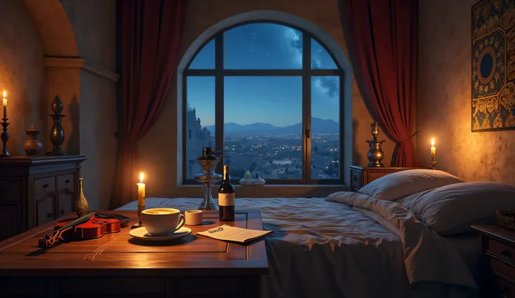  Photorealistic ultra HD graphics : Ancient ,  a fairytale chamber nowadays , night.  A large window reveals a view of the starry sky and the ancient city below in the distance.  In the chamber in the foreground stands a wooden table, on which there are tw...