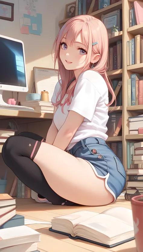 a close up of a woman's short skirt and knee highs with a book and  computer game, 1girl, shorts, solo