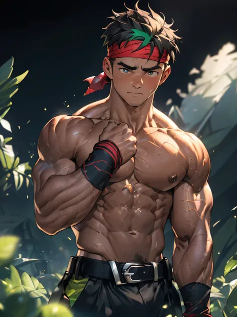 ((masterpiece, best quality)), (((((Black Background, Dark night, (Depth of field:1.2), upper body, looking away, fighter stance, bitch, head back, shaped pupils))))), (1 boy, Young guy, muscler, Shirtless, topless), ((((Wounded, exhausted, relax, 1boy, so...