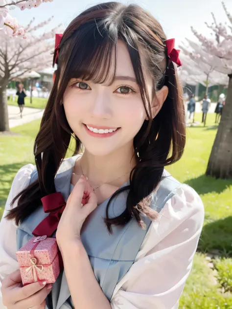 A stunningly beautiful 20-year-old woman stands in a lush green park full of cherry blossoms in full bloom under a clear blue sky. She is wearing a classic sailor uniform and holds a neatly wrapped gift box with a red ribbon in both hands in front of her c...