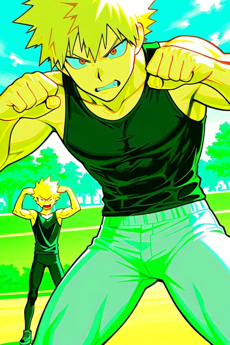 bakugo katsuki,  red eyes,  blond hair,  Detailed,  short hair, wide shoulders ,  muscular male ,  Alone ,  male focus , black tank top, 8K, park background,   blue sky,  nubes blancas, by day, vista de frente,  angry expression ,  five fingers, afternoon,...