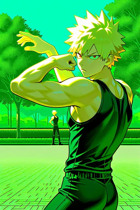 bakugo katsuki,  red eyes,  blond hair,  Detailed,  short hair, wide shoulders ,  muscular male ,  Alone ,  male focus , black tank top, 8K, park background,   blue sky,  nubes blancas, by day, vista de frente,  angry expression ,  five fingers, afternoon,...