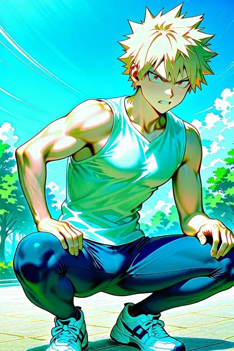 bakugo katsuki,  red eyes,  blond hair,  Detailed,  short hair, wide shoulders ,  muscular male ,  Alone ,  male focus ,  white sleeveless t-shirt , 8K, park background,   blue sky,  nubes blancas, by day, vista de frente,  angry expression ,  five fingers...