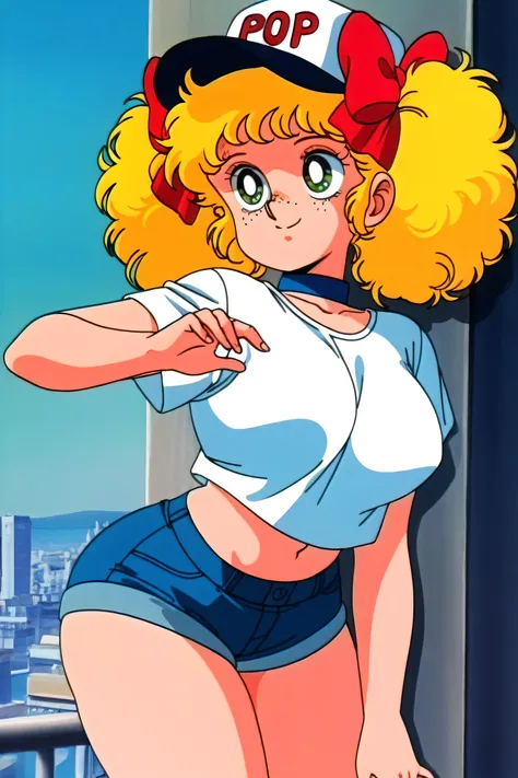 1girl , Alone, yeux verts, blond hair, freckles on the nose , coastal town in the background , freckles on the breasts , Curly hair , Curly hair , Duvets, big bow , noeud rouge, hair bow , big hips, big ass, big breasts, High resolution, more d...