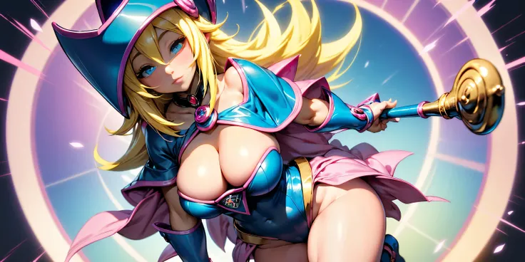 Black magician girl、Super thick chest、    very blond hair    、magic circle、8K, 4k,      of the highest quality     ,     High resolution  : 1.2),flicker、an exposed breast、cute anime face、           pink blush on your cheeks          .、    noise removal    ...