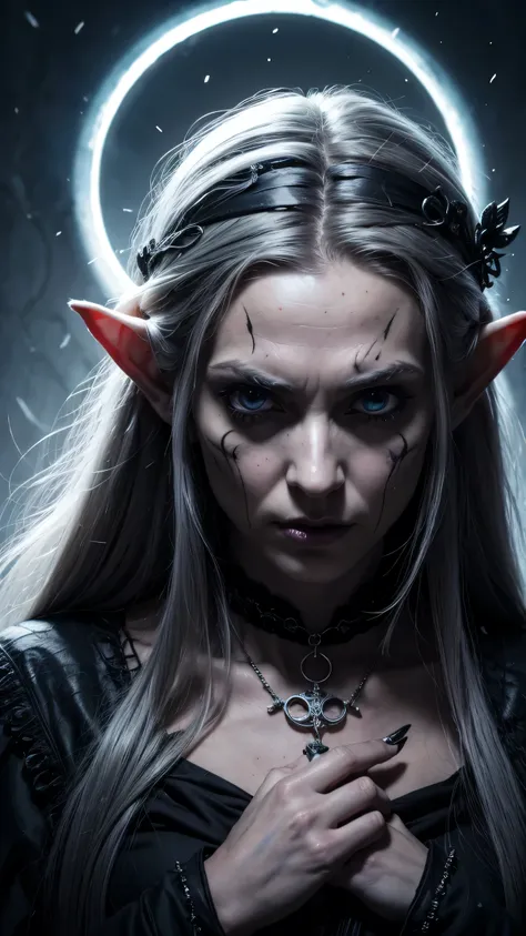  an old elf woman, Her once luminous skin has taken on a ghostly pallor, her eyes gleam with an unsettling intensity, and her long, black streaked silver hair now flows like a river of moonlight. thick black eyeliner, pale blue eyes, Her skin is old and wr...