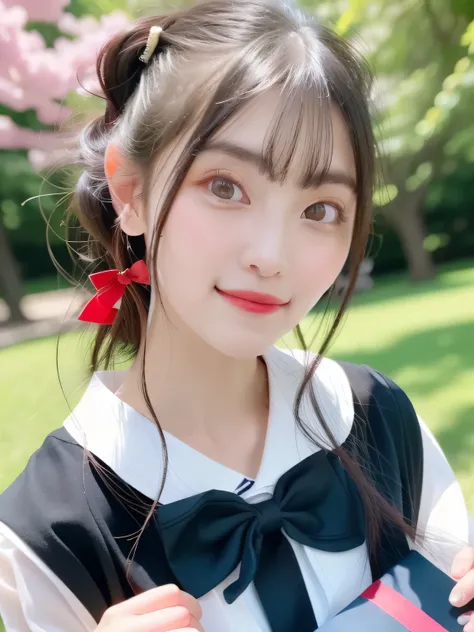 A stunningly beautiful 20-year-old woman stands in a lush green park full of cherry blossoms in full bloom under a clear blue sky. She is wearing a classic sailor uniform and holds a neatly wrapped gift box with a red ribbon in both hands in front of her c...