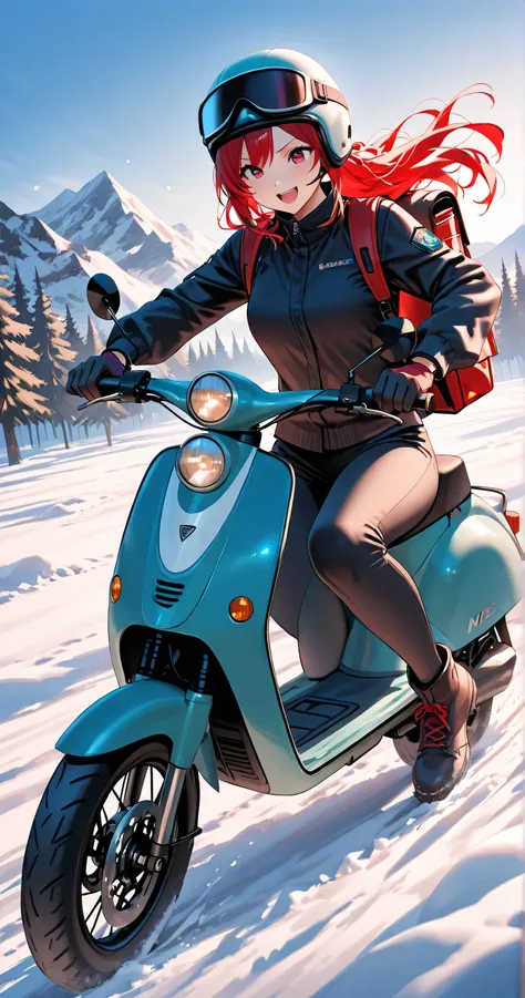 insanely detailed, 
((Watercolor-style)), ((Dramatic comic-style)), From an angle, Big movement, Bold composition, Bold pose, Headshot, Mountain path, Riding a red scooter, Cute girl in a down coat, Tent rolled up on the back, Loading large luggage, Happy ...