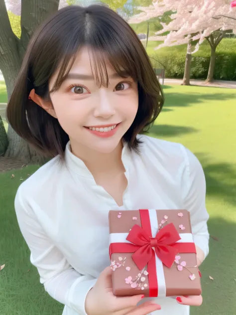 A stunningly beautiful 20-year-old woman stands in a lush green park full of cherry blossoms in full bloom under a clear blue sky. She is wearing a classic sailor uniform and holds a neatly wrapped gift box with a red ribbon in both hands in front of her c...