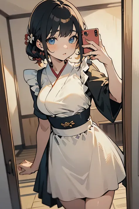 (( masterpiece)), (( top quality)), 8k,  high res,  very detailed, (woman), The Japanese woman is looking at her reflection in the mirror., Zoom-in mirror,  maid costume cosplay ,  functional,  Selfies