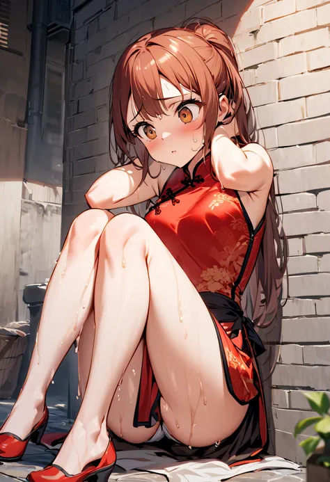 The girl in the back alley is crouching in red Chinese-style clothes, her legs are open, her legs are wet, her legs are wet, her legs are cramping, and she looks fascinated, showing her sides with her hands crossed behind her head