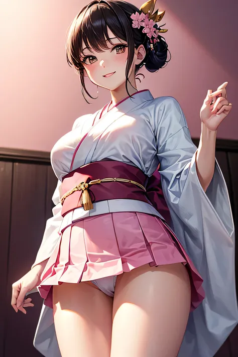 A graceful young lady with long, straight black updo hair and a calm, traditional aura,(((white kimono))),(((mini skirt))),(panty shot),(((photo taken from below))),(brown eyes),(tits),(hair ornaments),(((Background is a pink walls))),smile,(heaven)