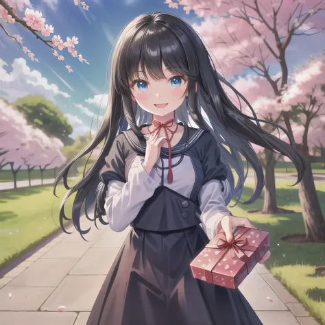 A stunningly beautiful 20-year-old woman stands in a lush green park full of cherry blossoms in full bloom under a clear blue sky. She is wearing a classic sailor uniform and holds a neatly wrapped gift box with a red ribbon in both hands in front of her c...