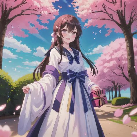 A stunningly beautiful 20-year-old woman stands in a lush green park full of cherry blossoms in full bloom under a clear blue sky. She is wearing a classic sailor uniform and holds a neatly wrapped gift box with a red ribbon in both hands in front of her c...