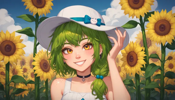 Ryumi vtuber , alone,  smile, short green hair,  eyes color orange,  freckles on shoulders, freckles under the eyes ,  looking at the spectator,  wearing sleeveless white summer dress ,  women's hat with sunflower on top ,  beautiful yellow sunflower field...