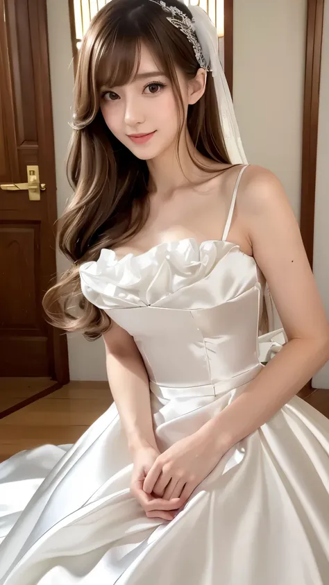 (((Top Quality))), (((Masterpiece))), (((Detail))), tall, looking at camera, face-to-face, pure white shiny silk satin ruffle girly empire length wedding dress, hands thrust forward, Japanese, brown hair, long hair, gorgeous room,. Gorgeous ribbon hair acc...