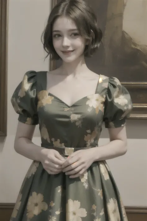 358 (20-year-old woman),( short hair), ( High Definition Photos ), (smile), (colorful floral dress), (Leonardo da Vinci paintings)