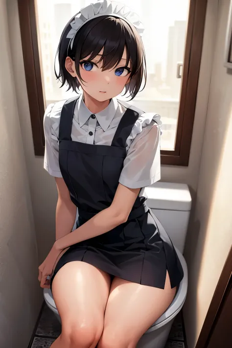 ( masterpiece),  top quality,   Hi-Res,  Details,    Details,   perfect lighting,   Abandoned sparkling, toilet,  one ,  small,    viewers  ,  small,  (Maid Uniform) , shy, Hosoda Momo   , sheer, wet, miniskirt, detailed beautiful face, detailed skin, deta...