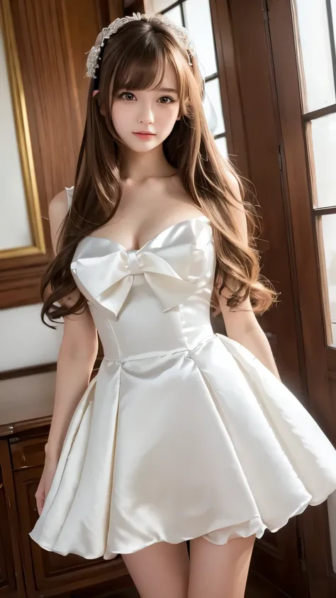 (((Top Quality))), (((Masterpiece))), (((Detail))), tall, looking at camera, face-to-face, pure white shiny silk satin ruffle girly empire length wedding dress, hands thrust forward, Japanese, brown hair, long hair, gorgeous room,. Gorgeous ribbon hair acc...