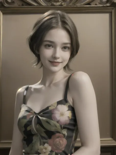 358 (20-year-old woman),( short hair), ( High Definition Photos ), (smile), (colorful floral dress), (Leonardo da Vinci paintings)