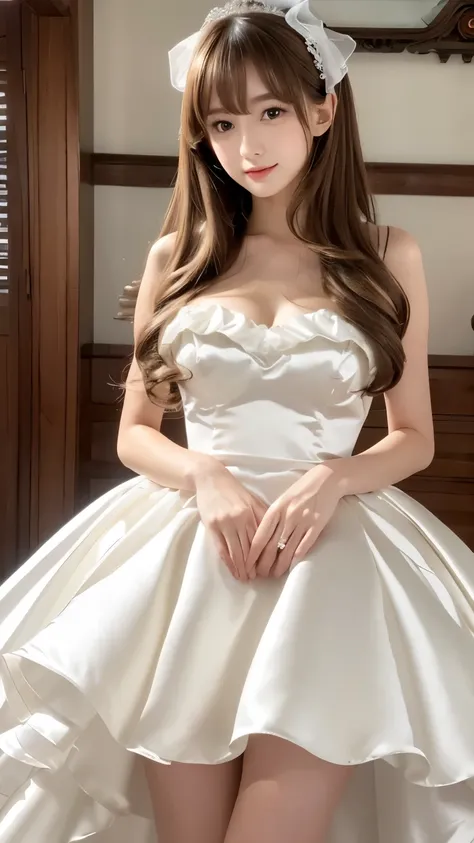 (((Top Quality))), (((Masterpiece))), (((Detail))), tall, looking at camera, face-to-face, pure white shiny silk satin ruffle girly empire length wedding dress, hands thrust forward, Japanese, brown hair, long hair, gorgeous room,. Gorgeous ribbon hair acc...