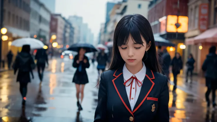 (Super close up profile shot of one slender small breasts two side up black medium hair bangs girl in long sleeves black school uniform:1.5)、(One girl is walking with crying face on the main street in the rain at midnight:1.5)、(At skyscraper city landscape...