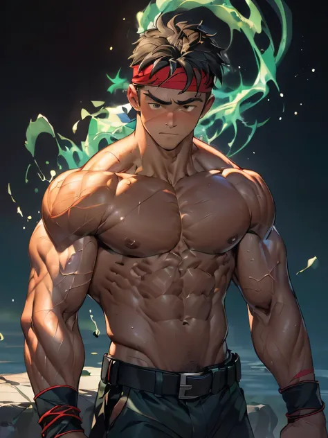 ((masterpiece, best quality)), (((((Black Background, Dark night, (Depth of field:1.2), throwing a powerful punch:1.2, upper body))))), (1 boy, Young guy, muscler, Shirtless, topless), ((((Wounded, exhausted, relax, 1boy, solo, tough, reliable, steam, arch...