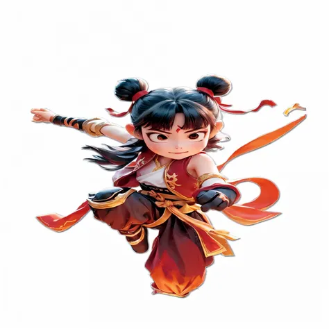 Anime girl flying in the air with a sword and fire, nezha, Render of a cute 3d anime girl , yun ling, bian lian, ,   high quality character design  , nezha : The birth of the Devil's Son , Shrine maiden, Inspired by trees, strict, Zhong Li from Genshin 2 ,...