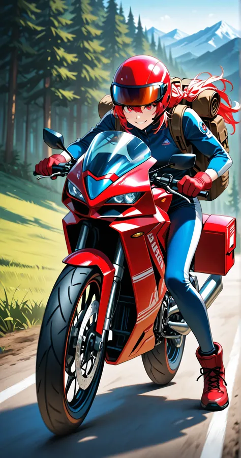 Extremely detailed,
((watercolor style)), ((dramatic manga style)), oblique, big movement, bold composition, bold pose, head shot, mountain road, riding a red off-road bike, cute girl in a down coat, carrying a large load, fearless smile as if enjoying the...