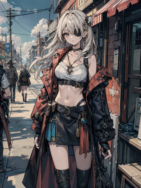 cowboy shot, earring, big breasts, narrow waist, half updo, hair ornament, black hair, collarbone, midriff, Practical pirate clothing, Long-sleeved pirate top, Skirt, coat, midriff, black cape, parrot, half eyepatch, prosthetic arm, leather belt, drawstrin...