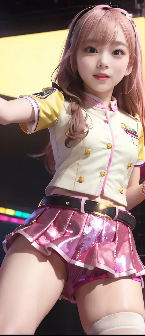  Pure Idol Girl 、A pure girl's face、 hypo、、Shiny Pink Uniform 、gold sequin tight shorts、Thunderbelt 、