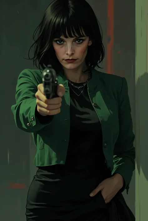 slim woman in a black dress, green jacket, with short straight shoulder-length hair, bangs and dark hair color. She is holding a revolver to shoot. He has a melancholic look
