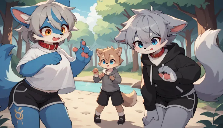    dancing happily in detail , gray hair and gray fur , blue fur  , The Blue Wolf ,Shemono ,Age 15,Participation, red collar fell to the floor , cute face,Female fur, fluffy fur , 2 cute furry creatures dance ！Horny boy,Forest Background, embarrassed face,...