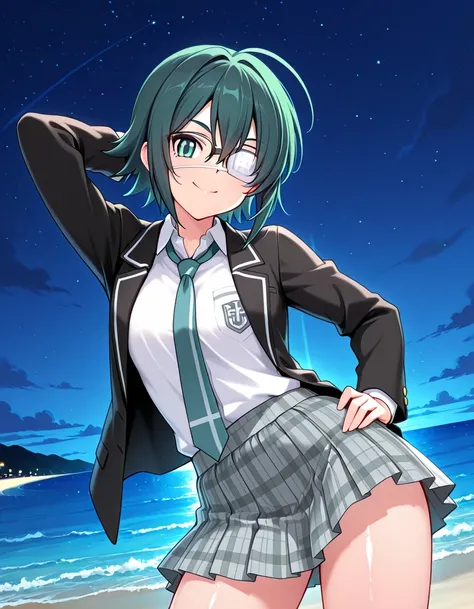 rlannap, green hair, short hair, green eyes, school uniform, medical eyepatch, glasses, black jacket, collared shirt, necktie, plaid skirt, grey skirt, pleated skirt, source anime, shiny skin, high quality, solo, night sky, beach, hand behind head, hand on...