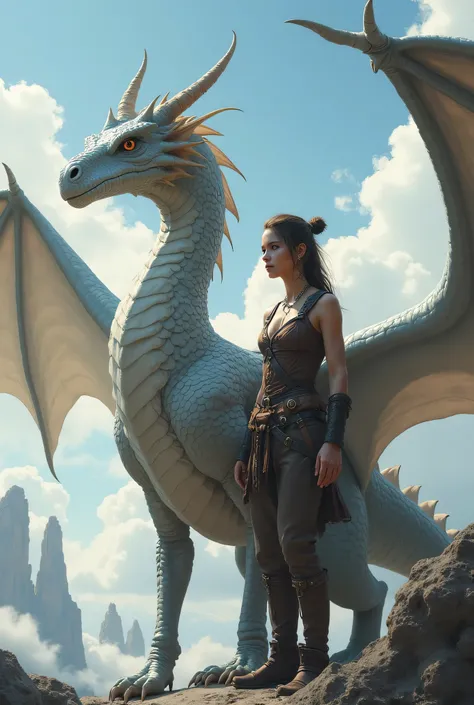 Female dragon rider garbed in simple tight form fitting riding leathers standing next to a silver young adult dragon in the midst of floating islands in the sky