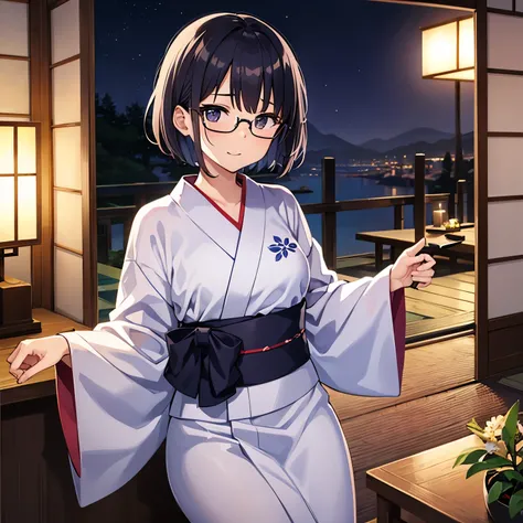  yukata at a ryokan 、 shortcut hair、Glasses