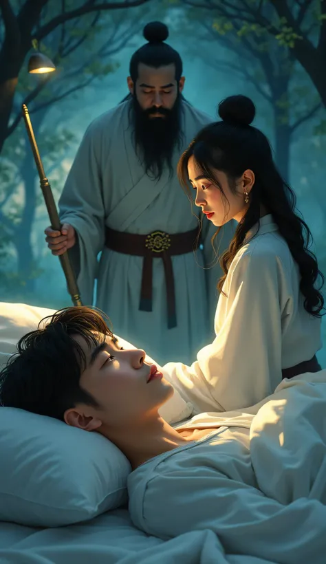 "A young man lies in bed, gradually falling asleep. In his dream, a beautiful girl approaches him with a gentle smile. Suddenly, behind her, an angry father appears, dressed in traditional attire and holding a stick. The background transitions from a pleas...