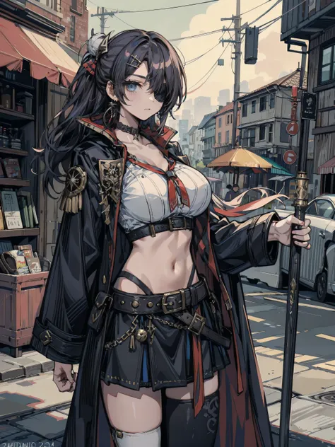 cowboy shot, earring, huge breasts, narrow waist, half updo, hair ornament, black hair, collarbone, midriff, Practical pirate clothing, Long-sleeved pirate top, Skirt, coat, midriff, black cape, parrot, half eyepatch, prosthetic arm, leather belt, drawstri...