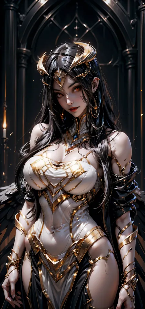 A (super realistic) beautiful sexy woman(albedo _overlord) with (glossy orange eyes) and white attire(detailed with perfect sharpness ) with gold jewellery on sexy breast, beautiful breast(perfect shape and size), red lips, black long beautiful hair, hype...