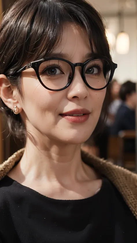 ( masterpiece:1.4),( 50-year-old woman :1.4),(Facial wrinkles 1.24),smile,Nude black hair,square glasses,( Panchira, miniskirt, skirt flip:1.4)