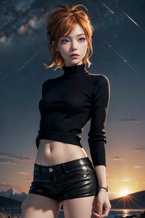 Astrid,  short hair,  orange hair,  slim body,  small bust,  black clothes,  pretty legs,  black tights ,  mountainous landscape,  Starry Sky Sweater, milky way,