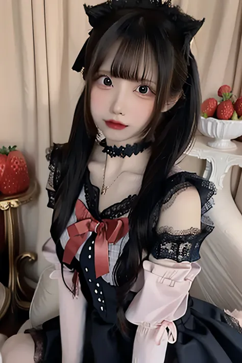 Anime-inspired design with  、   and {x} detailed, including a red gingham ribbon with strawberries 。  reddish brown twin tails  、  wearing blue gingham check maids  、  bow accent  。 Red Contact Lenses 、 Smooth and perfect skin  、  and doll-like features th...