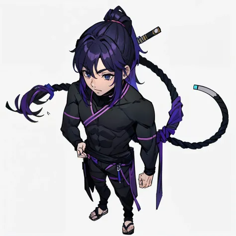  Asian Male, with medium purple hair blue eyes ,  black clothes that look like a modern ninja 