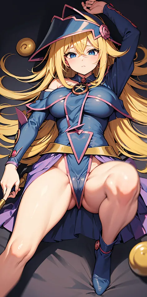 Black magician girl、Super Boobs、 thick thighs 、 blond hair、magic circle、 magic wand 、Black magician girlのブーツを履く、 Tights that stick to her buttocks、