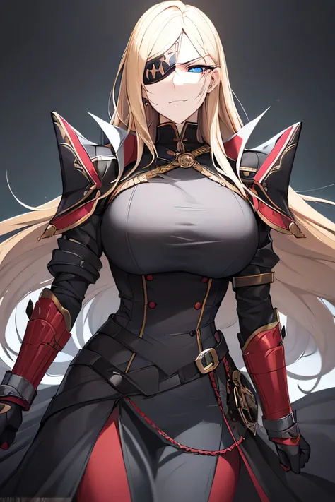 A highly detailed portrait of a tall, commanding German female warrior with long blonde hair and piercing blue eyes, wearing a black eyepatch over her left eye. She is dressed in a futuristic Nazi-inspired combat uniform, featuring black fabric with red an...