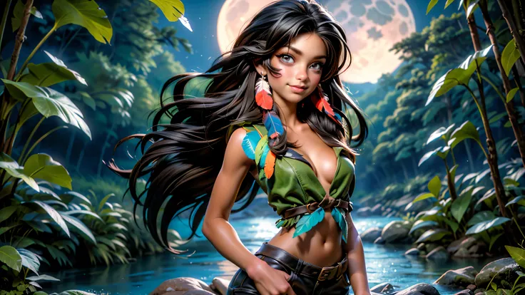 ((1girl)), ((solo)), (cute girl), (young girl), (), ((young)), native American alone at night in the forest, ((face paint)), ((dark skin)), adorned with beads and feathers, moonlight, ((brown eyes)), ((dark eyes)), ((beautiful face)), ((Long black hair)) (...